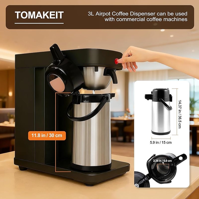  TOMAKEIT Airpot Coffee Carafe - 3L(102 Oz) Airpot Beverage Dispenser Insulated Stainless Steel Large Coffee Thermal - Pump Action Airpot for Hot/Cold Water - Image 2