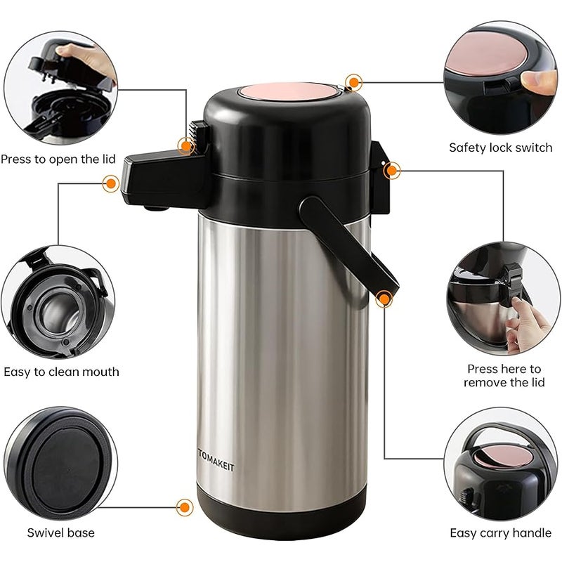  TOMAKEIT Airpot Coffee Carafe - 3L(102 Oz) Airpot Beverage Dispenser Insulated Stainless Steel Large Coffee Thermal - Pump Action Airpot for Hot/Cold Water - Image 3
