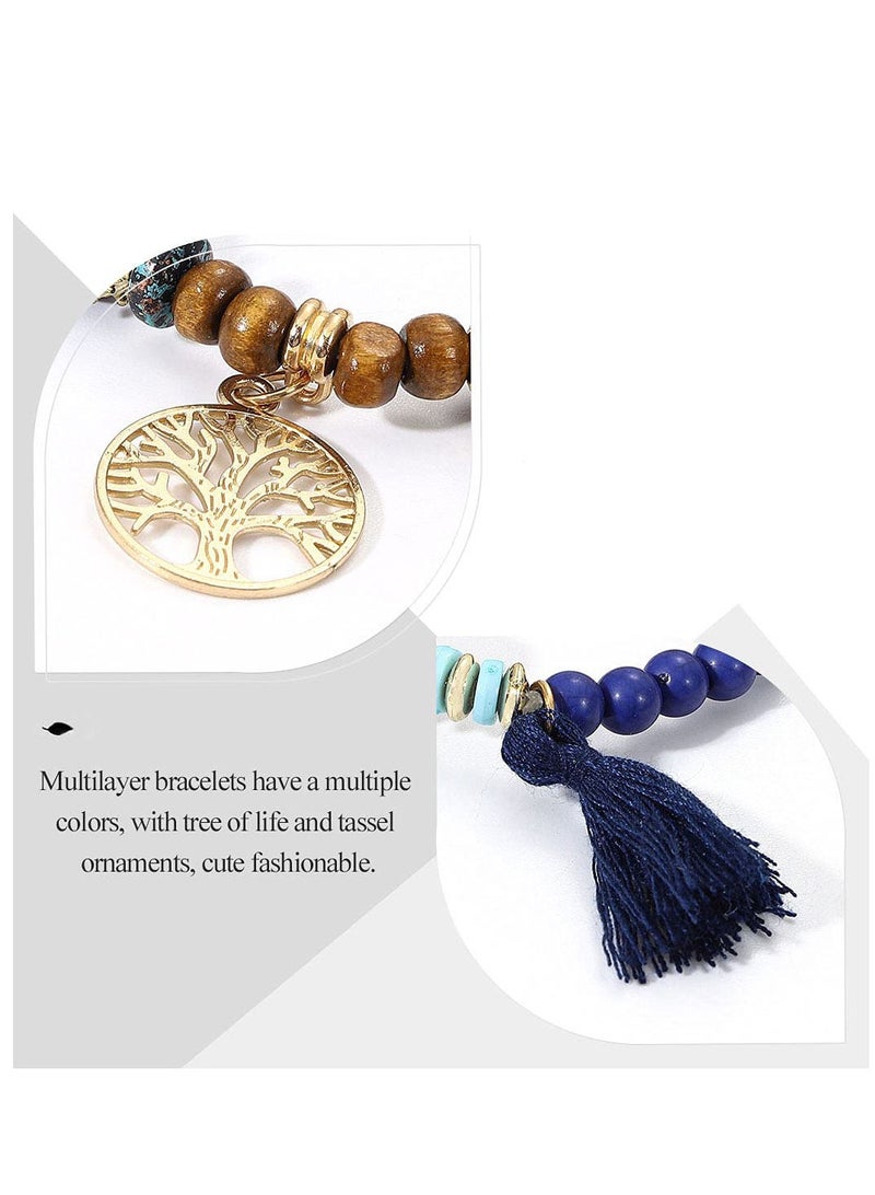Excefore Boho Bracelets, Wood Beaded Bracelets Set,  Tree of Life Charm Bangles Jewelry, Multilayer Stretch Tassel Bracelets, Gifts for Women Teen Girls Wife Sister - Image 4
