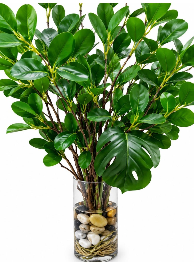 Artificial Monstera Leaves & greenery Plant in Glass Vase with Faux Water & Stones - Fake Tropical Plants Turtle-Back Plant Leaves Monstera Stem Greenery for Home Indoor Centerpiece Farmhouse Decor - Image 1