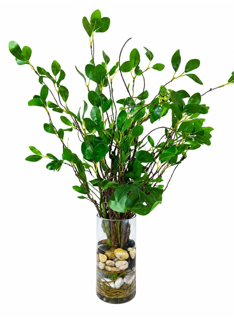 Artificial Monstera Leaves & greenery Plant in Glass Vase with Faux Water & Stones - Fake Tropical Plants Turtle-Back Plant Leaves Monstera Stem Greenery for Home Indoor Centerpiece Farmhouse Decor - Image 4