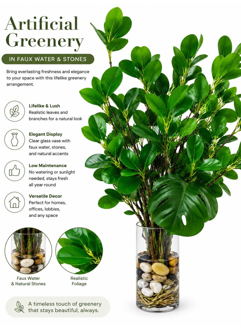Artificial Monstera Leaves & greenery Plant in Glass Vase with Faux Water & Stones - Fake Tropical Plants Turtle-Back Plant Leaves Monstera Stem Greenery for Home Indoor Centerpiece Farmhouse Decor - Image 3