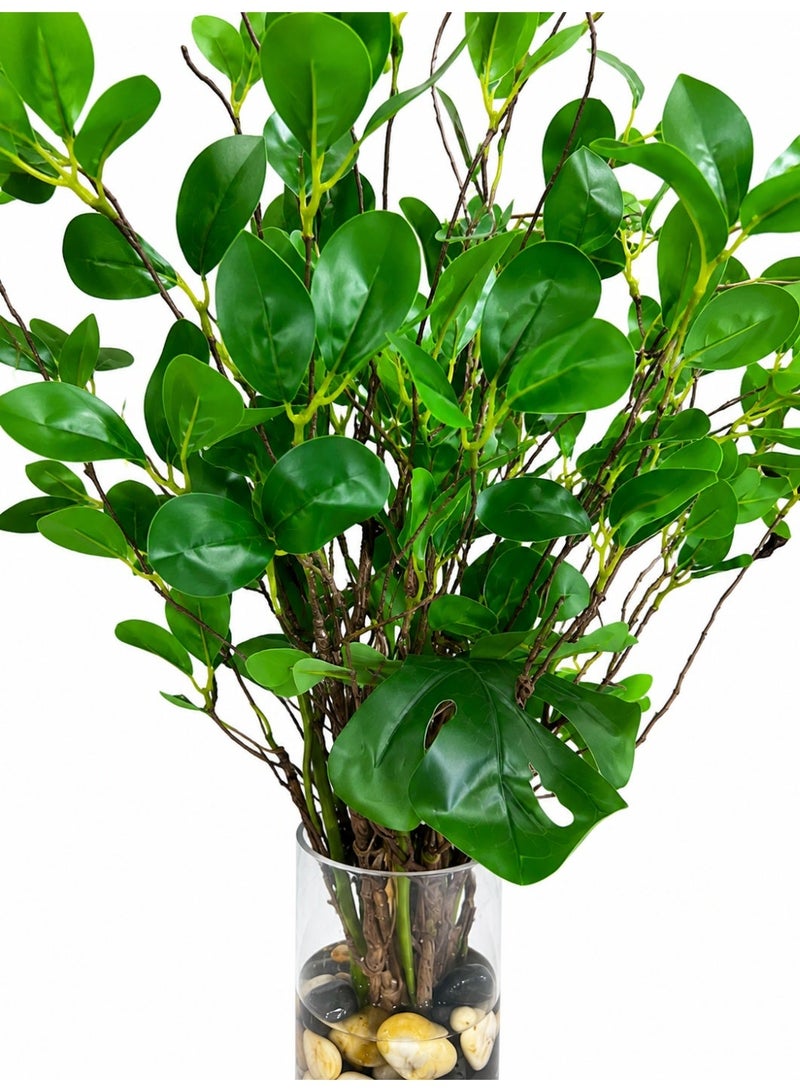 Artificial Monstera Leaves & greenery Plant in Glass Vase with Faux Water & Stones - Fake Tropical Plants Turtle-Back Plant Leaves Monstera Stem Greenery for Home Indoor Centerpiece Farmhouse Decor - Image 2