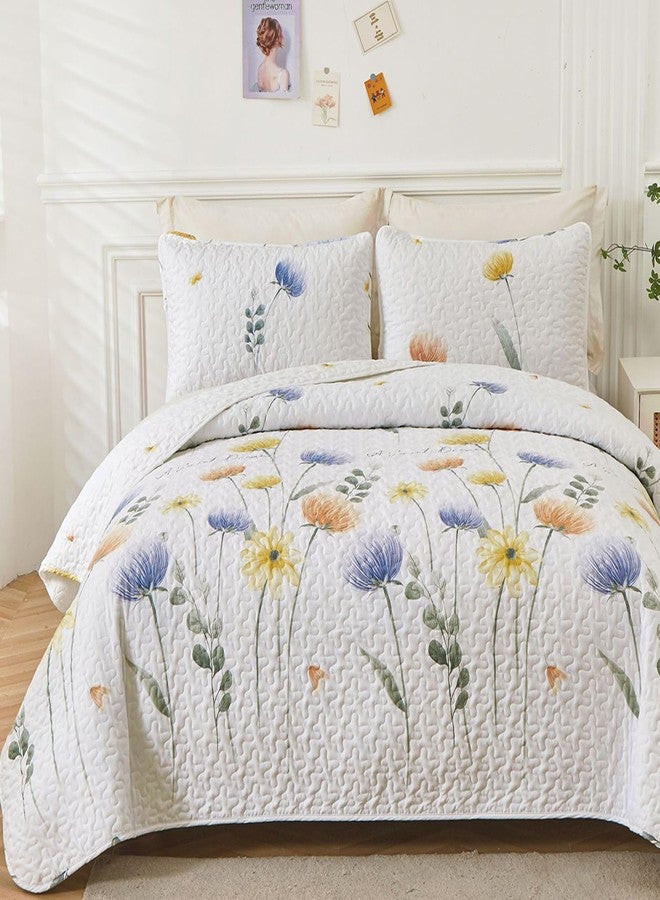 Dinjoy Floral Quilt Set Queen 3 Pieces Blue & Yellow Quilts Bedding Set Bohemian Bedspread Bed Cover Lightweight Spring Summer Beds Coverlet for All Season(96"x90") - Image 1
