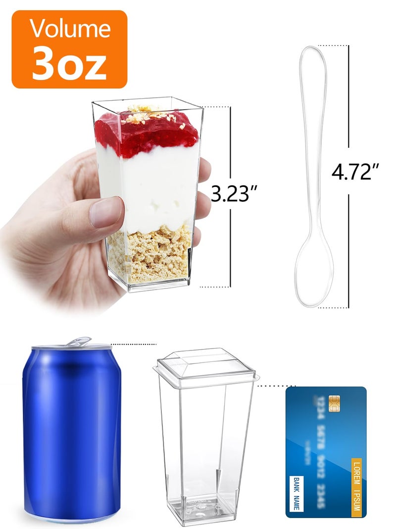 SHOPDAY 3 oz Mini Dessert Cups with Lids and Spoons 50 Pack  Small Plastic Dessert Cups for Party  Clear Square Cups for Parfait Yogurt  Shooter Cups Tumbler Cups for Appetizers Jello Mousse - Image 1