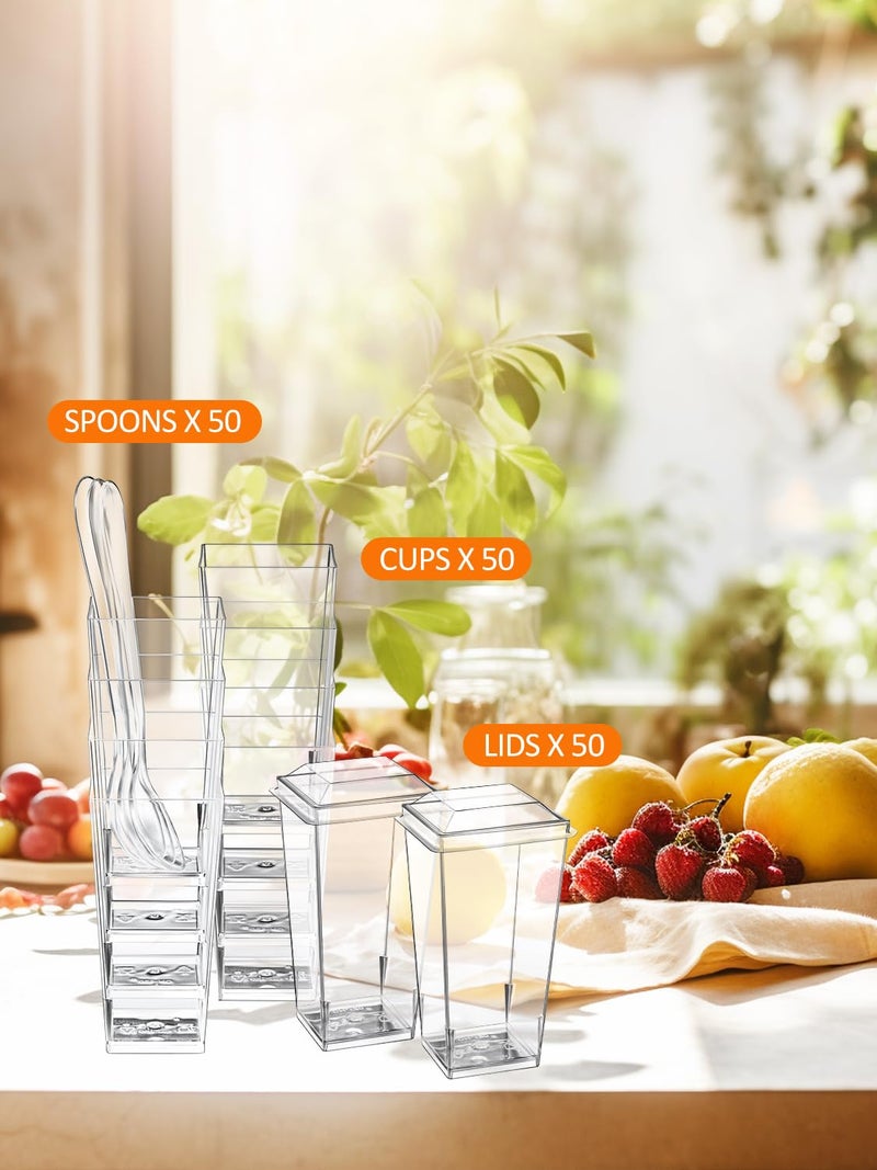 SHOPDAY 3 oz Mini Dessert Cups with Lids and Spoons 50 Pack  Small Plastic Dessert Cups for Party  Clear Square Cups for Parfait Yogurt  Shooter Cups Tumbler Cups for Appetizers Jello Mousse - Image 2