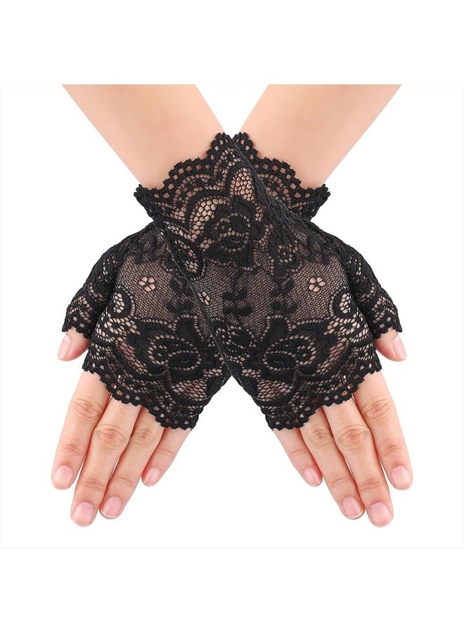 Yolev Women Short Lace Gloves Fingerless Floral Gloves Bridal Wedding Gloves Tea Party Gloves for Opera Evening Dinner Party (Black) - Image 1
