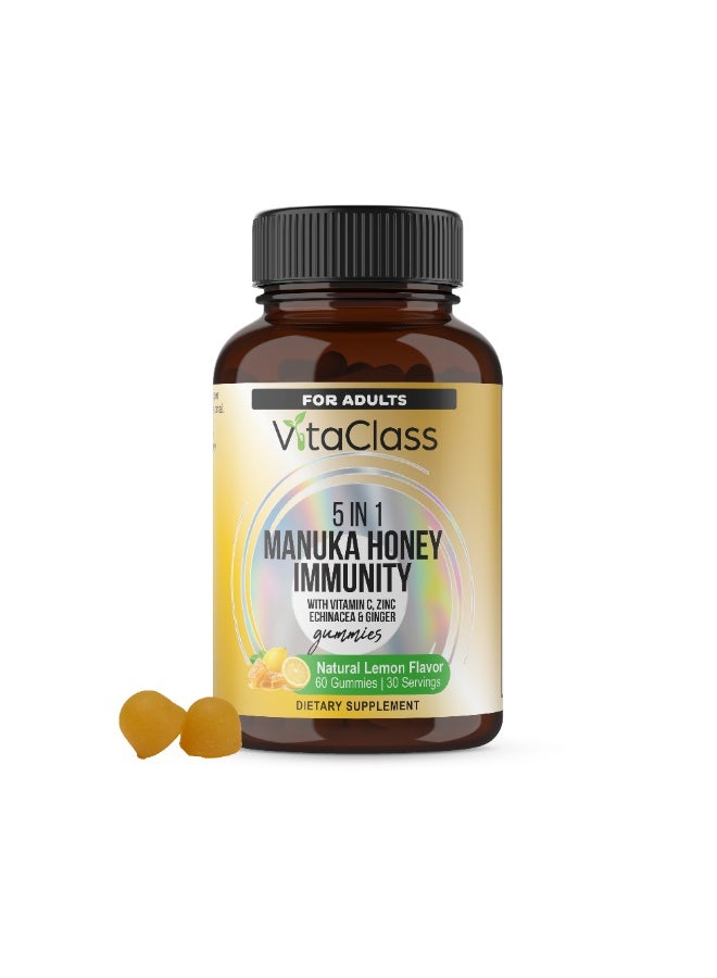 VitaClass 5-in-1 Manuka Honey Immunity Gummies for Adults | Vitamin C, Zinc, Echinacea & Ginger | Natural Lemon Flavor | 60 Gummies - Image 1