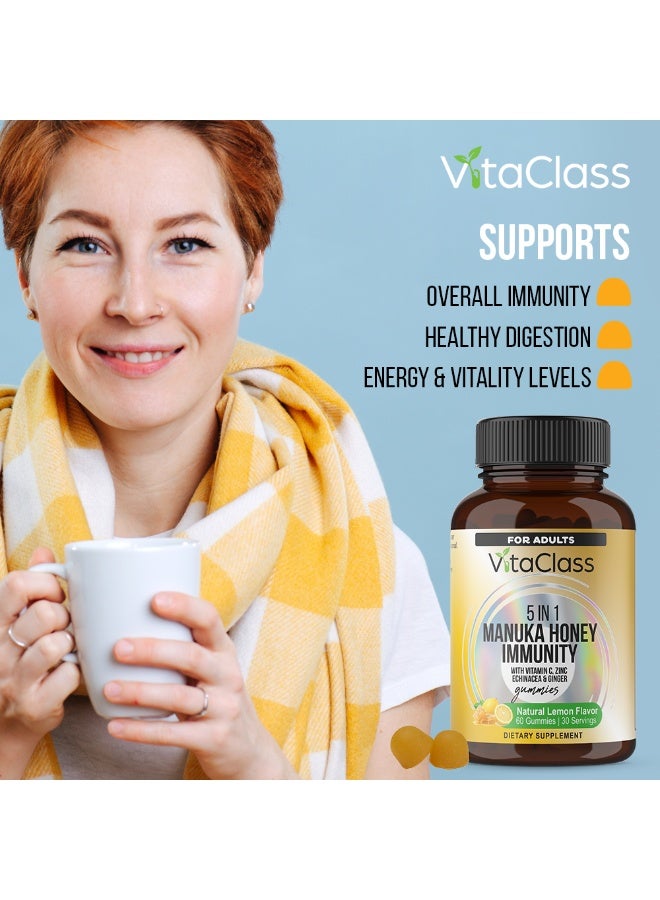 VitaClass 5-in-1 Manuka Honey Immunity Gummies for Adults | Vitamin C, Zinc, Echinacea & Ginger | Natural Lemon Flavor | 60 Gummies - Image 5