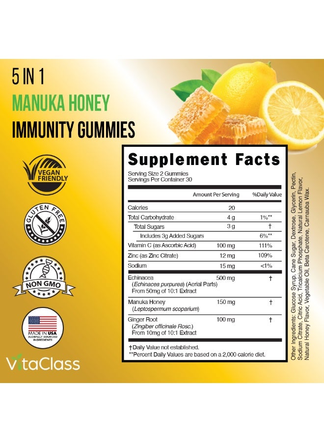 VitaClass 5-in-1 Manuka Honey Immunity Gummies for Adults | Vitamin C, Zinc, Echinacea & Ginger | Natural Lemon Flavor | 60 Gummies - Image 4