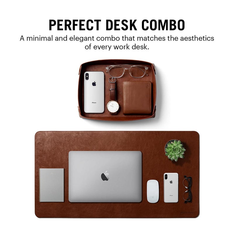 Daily Objects Combo Super Smooth Tan Large Premium Vegan Leather Reversible, Water Resistent Turf Desk Mat | Anti-Skid | Anti-Slip | 85 * 45 cm | Vegan Leather Tan Desk Tray Organiser - Set of 2 - Image 2