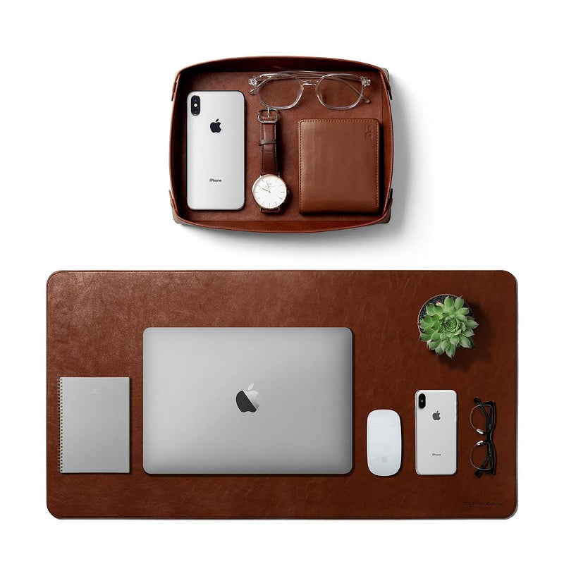 Daily Objects Combo Super Smooth Tan Large Premium Vegan Leather Reversible, Water Resistent Turf Desk Mat | Anti-Skid | Anti-Slip | 85 * 45 cm | Vegan Leather Tan Desk Tray Organiser - Set of 2 - Image 1