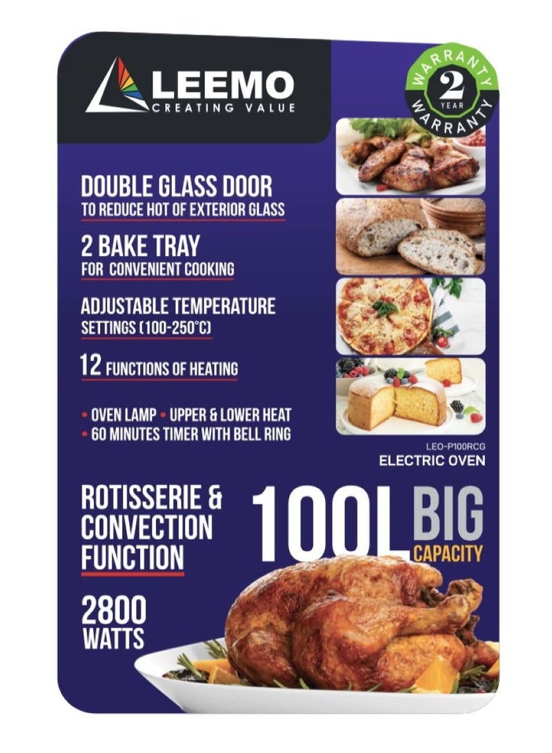 LEEMO 100L ELECTRIC OVEN LEO-P100RCG WITH CONVECTION ROTISSERIE GRILL 12 COOKING FUNCTION LAMP DOUBLE GLASS DOOR 2BAKE TRAY - Image 3