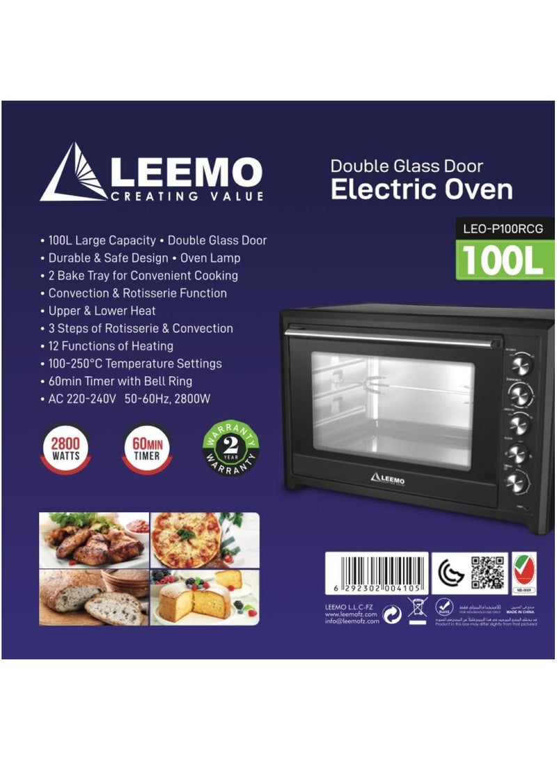 LEEMO 100L ELECTRIC OVEN LEO-P100RCG WITH CONVECTION ROTISSERIE GRILL 12 COOKING FUNCTION LAMP DOUBLE GLASS DOOR 2BAKE TRAY - Image 4