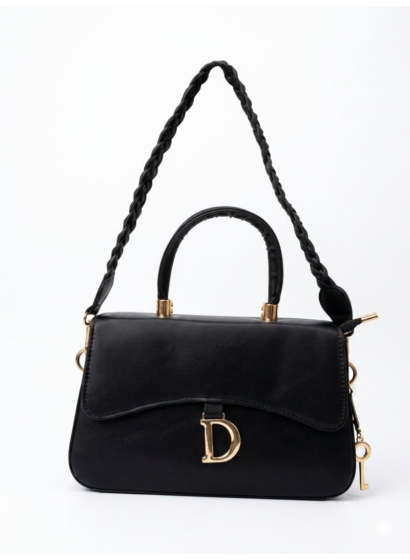 Women's Handbag, Crossbody Bag,Gold Buckle Closure, Braided Strap, Elegant Top Handle (Black) - Image 2