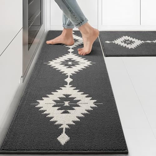 UNIBATH Farmhouse Kitchen Rugs Sets of 2 Grey Kitchen Mat Set for Floor NonSlip Washable Absorbent Resist Dirt Polypropylene Large Long Runner Rug Western Boho Rug for Sink 24x3524x59 - Image 1