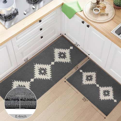 UNIBATH Farmhouse Kitchen Rugs Sets of 2 Grey Kitchen Mat Set for Floor NonSlip Washable Absorbent Resist Dirt Polypropylene Large Long Runner Rug Western Boho Rug for Sink 24x3524x59 - Image 3