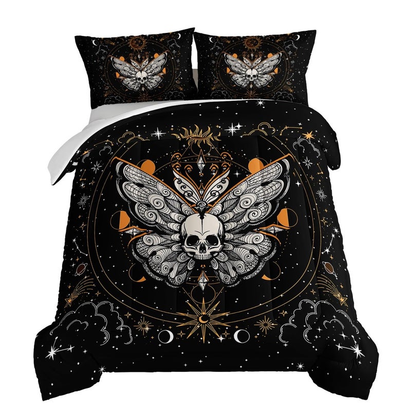 HOSIMA Butterfly Comforter Set for Girls Bedroom SetGothic Decor Twin Bed Comforter Set Skull Boho Sun and Moon Pattern Bed Set Queen SizeTwin Bedding Set for Girls with 2 Pillowcases