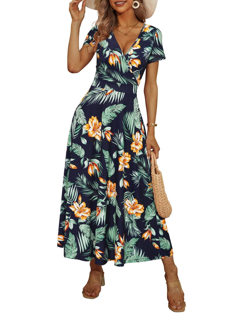 HUHOT Hawaiian Dress Beach Vacation Dresses for Women Tropical Summer 2025 Maxi Deep V Neck with Pockets Resort Wear - Image 1