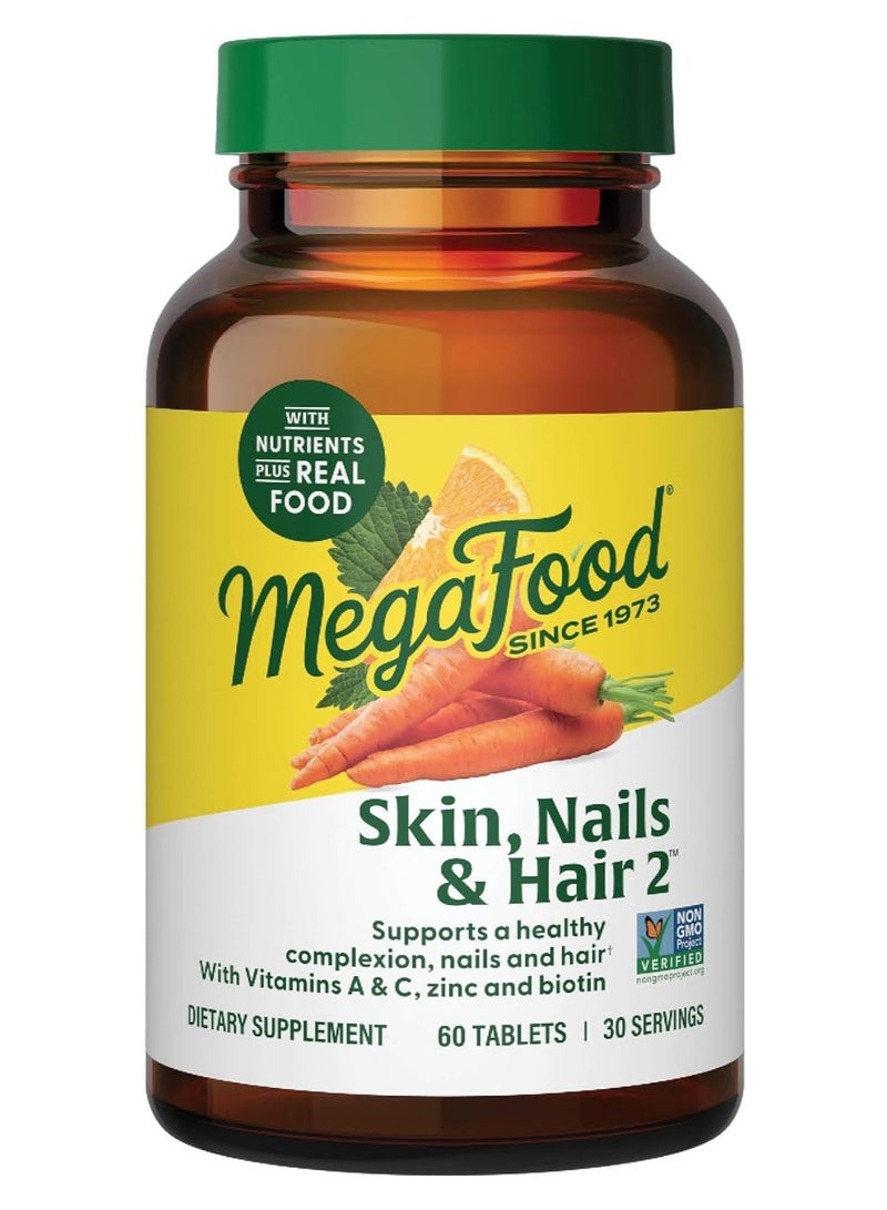 MegaFood البشرة والأظافر والشعر 2 - يدعم بشرة صحية، وأظافر وشعر، مع فيتامينات A و C، والزنك والبيوتين بالإضافة إلى غذاء حقيقي، مكمل غذائي، 60 قرص، 30 حصة - Image 1