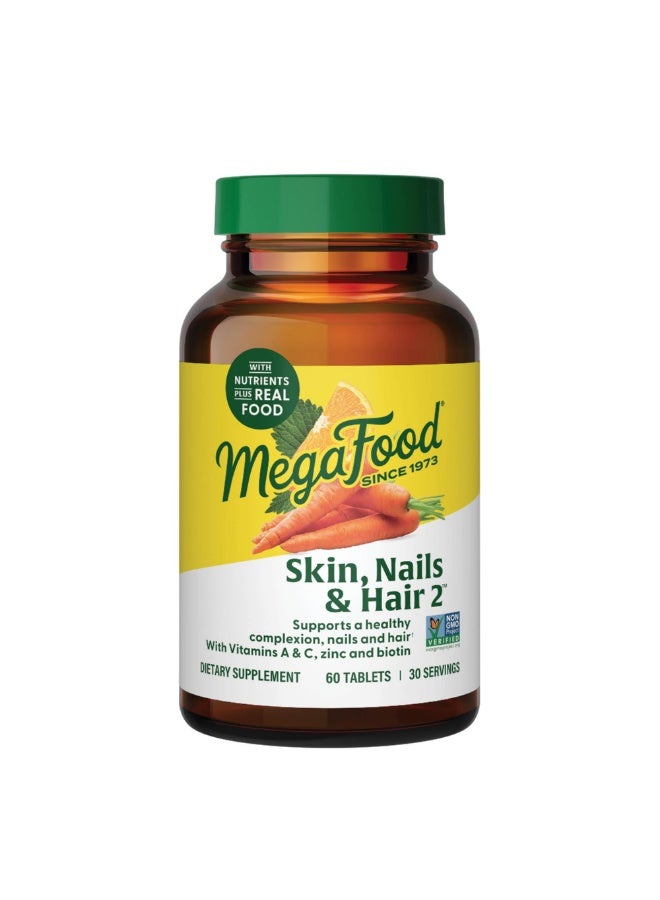 MegaFood البشرة والأظافر والشعر 2 - يدعم بشرة صحية، وأظافر وشعر، مع فيتامينات A و C، والزنك والبيوتين بالإضافة إلى غذاء حقيقي، مكمل غذائي، 60 قرص، 30 حصة - Image 1