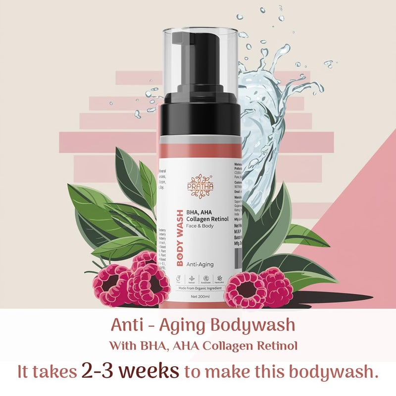Pratha Anti-Aging Body Wash with BHA, AHA, Collagen, Retinol, Face and Body Cleanser, 200 ml - Image 3