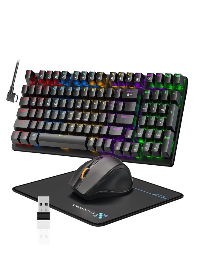 Taiahiro Wireless Mechanical Gaming Keyboard and Mouse, 98 Keys RGB Backlit Blue Switch Keyboards, Ergonomic Wireless Gaming Mice with Mouse Pad, 3-Mode USB-C/2.4G/BT5.0, Anti-Ghosting for PC Laptop Gamer - Image 1