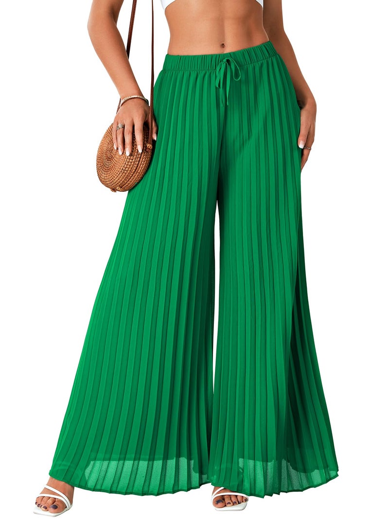 OPOIPIN Women's Chiffon Wide Leg Pleated Pants High Waist Flowy Loose Casual Long Trousers Green Small - Image 1