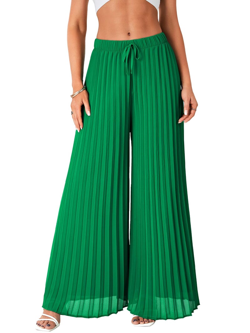 OPOIPIN Women's Chiffon Wide Leg Pleated Pants High Waist Flowy Loose Casual Long Trousers Green Small - Image 2