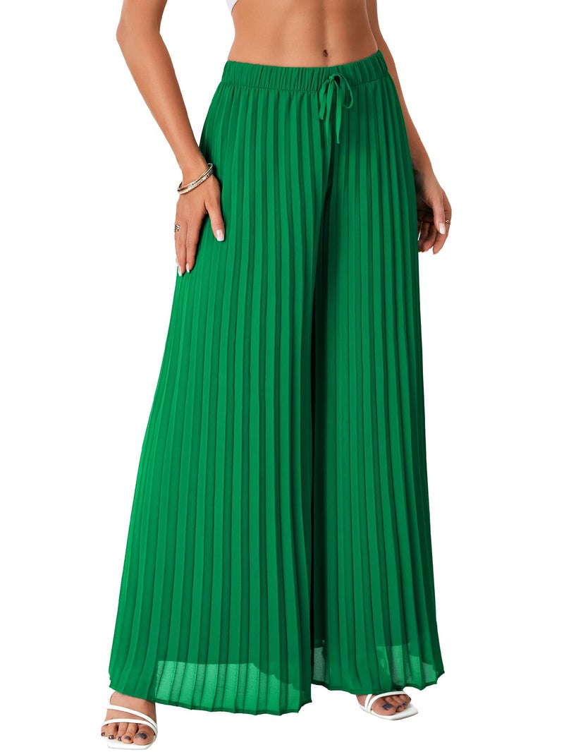 OPOIPIN Women's Chiffon Wide Leg Pleated Pants High Waist Flowy Loose Casual Long Trousers Green Small - Image 3