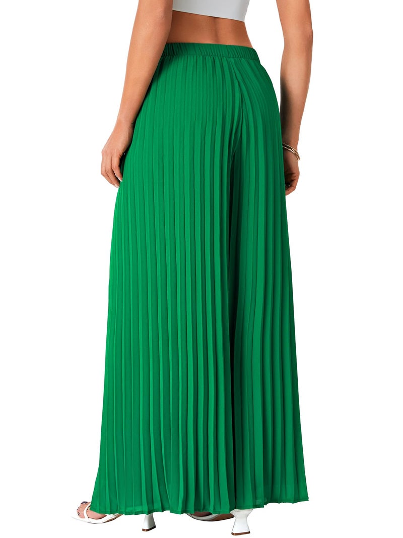 OPOIPIN Women's Chiffon Wide Leg Pleated Pants High Waist Flowy Loose Casual Long Trousers Green Small - Image 5