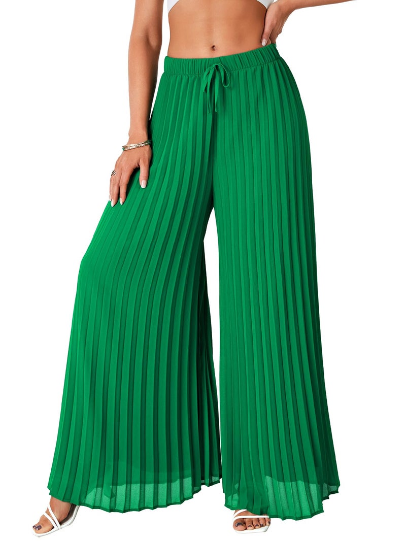 OPOIPIN Women's Chiffon Wide Leg Pleated Pants High Waist Flowy Loose Casual Long Trousers Green Small - Image 4