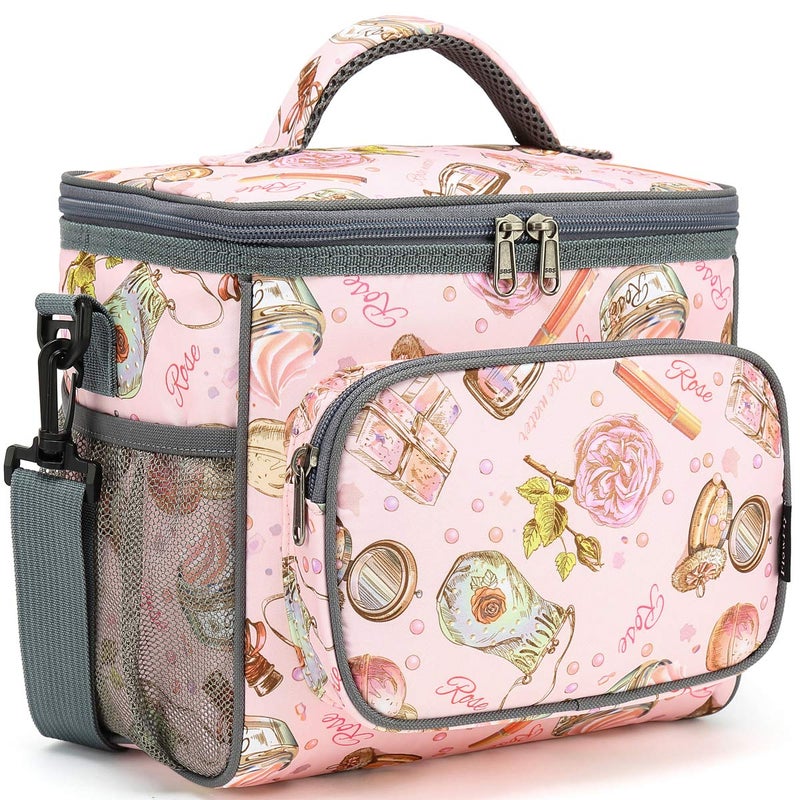 FlowFly Insulated Reusable Lunch Bag Adult Large Lunch Box for Women and Men with Adjustable Shoulder StrapFront Zipper Pocket and Dual Large Mesh Side PocketsRose