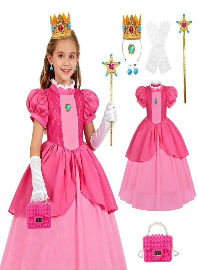 Popuid Girls Princess Costume Dress with Crown Gloves Wand Handbag, Funny Kids Video Game Theme Party Halloween Outfits (7-8 Years old) - Image 1