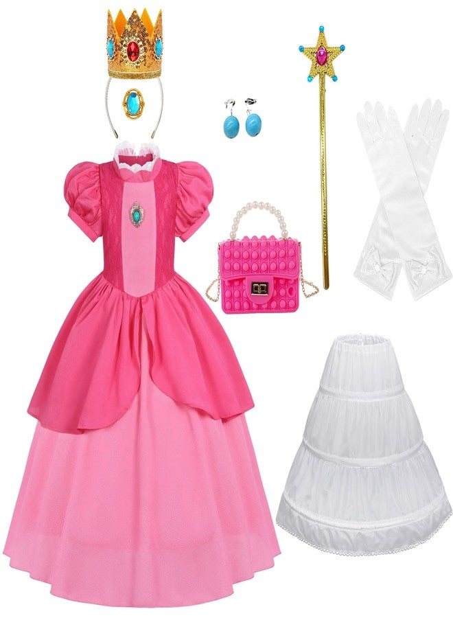 Popuid Girls Princess Costume Dress with Crown Gloves Wand Handbag, Funny Kids Video Game Theme Party Halloween Outfits (7-8 Years old) - Image 2