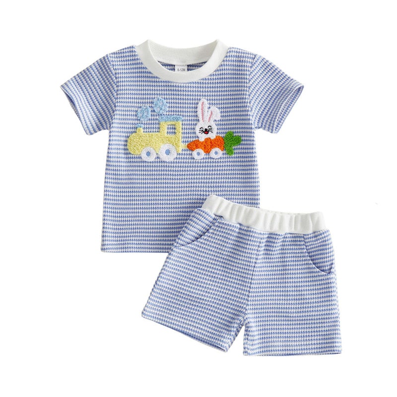 BemeyourBBs Toddler Baby Boy Easter Outfit Graph Short Sleeve T Shirt Elastic Waist Pockets Shorts Set 2 Piece Clothes Tractor Bunny Striped blue, 3-4T - Image 1