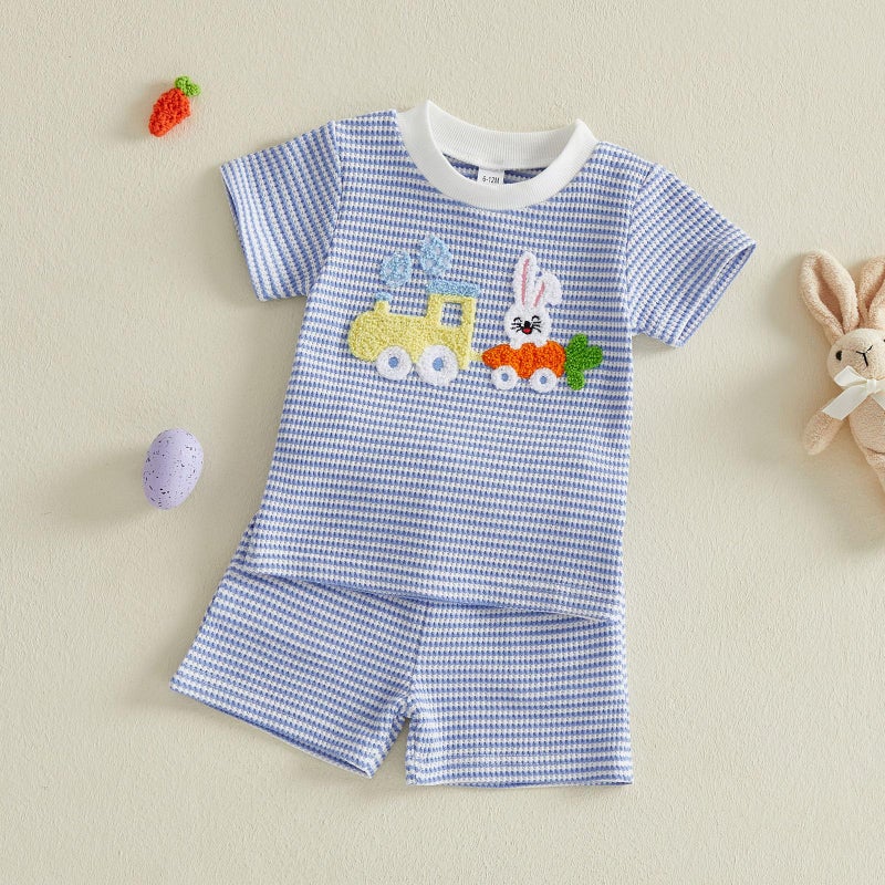 BemeyourBBs Toddler Baby Boy Easter Outfit Graph Short Sleeve T Shirt Elastic Waist Pockets Shorts Set 2 Piece Clothes Tractor Bunny Striped blue, 3-4T - Image 4