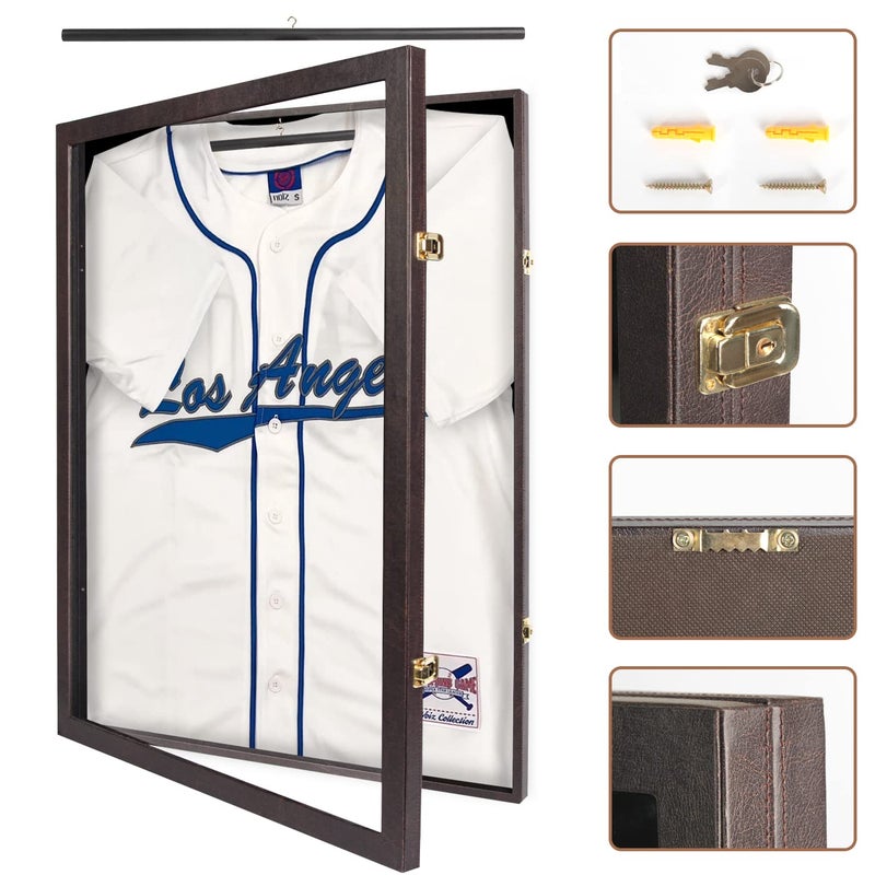 J JACKCUBE DESIGN Jersey Display Frame Case Lockable Large Sport Jersey Shadow Box with PU Covered Frame Acrylic and Hanger for Baseball Basketball Football Soccer Hockey Shirt and UniformBrown  MK358B 