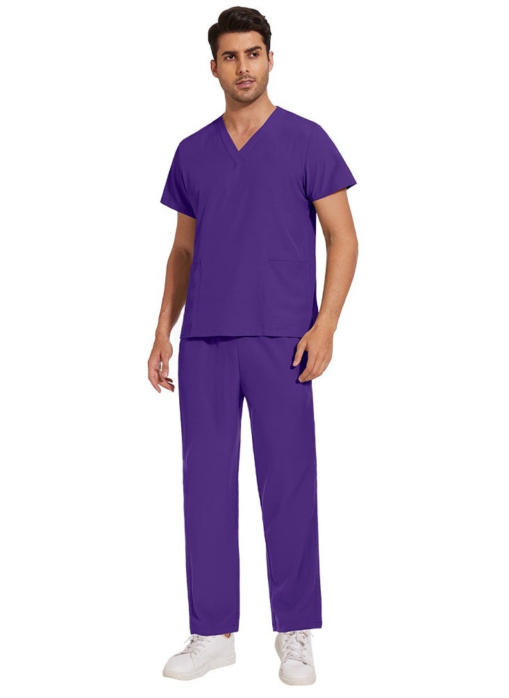 Loquat Unisex Medical Uniform Scrubs 2 Piece Set V-Neck Top and Elastic Waist Pants Suit Purple  - Image 1