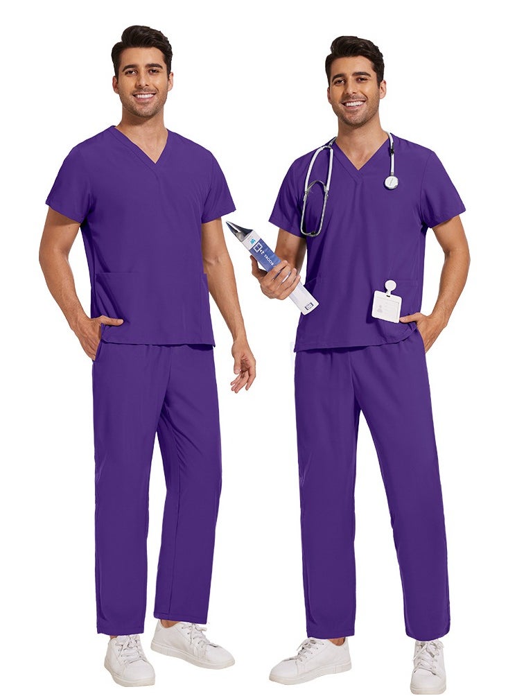 Loquat Unisex Medical Uniform Scrubs 2 Piece Set V-Neck Top and Elastic Waist Pants Suit Purple  - Image 2