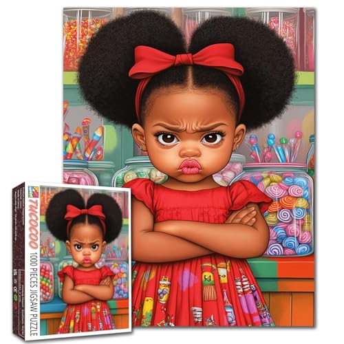 Tucocoo Pouty Little Afro Bun Girl 1000 Pieces Puzzle Colorful Candy Store Jigsaw Puzzle for Adults African Girl Puzzles for Challenging Family Activity Games DIY Crafts Puzzle for Home Decor Gifts - Image 1