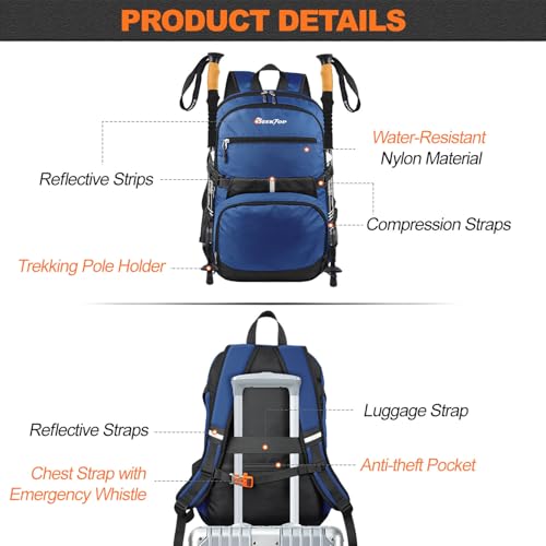 Seektop Lightweight Travel Backpack for Men Women, Multiple Pockets 40L Hiking Backpack Foldable Carry on Backpack for Outdoor Camping Sport Leisure (Blue) - Image 5