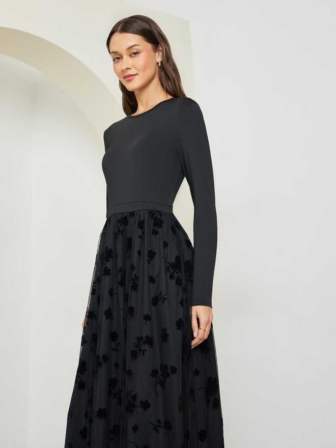 Styli Black Flocked Mesh A-Line Maxi Dress - Image 2
