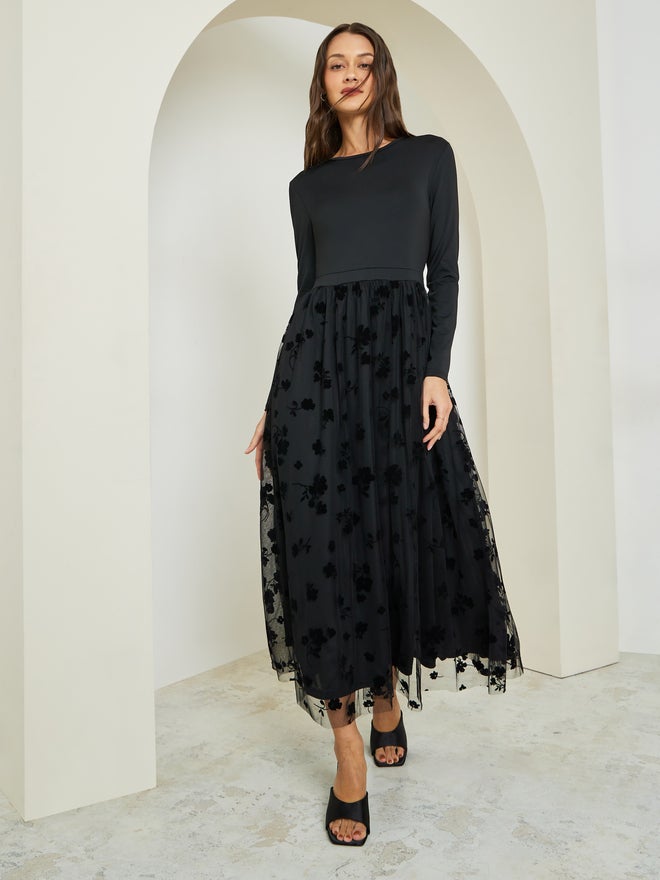 Styli Black Flocked Mesh A-Line Maxi Dress - Image 1