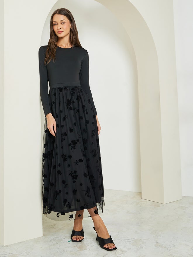 Styli Black Flocked Mesh A-Line Maxi Dress - Image 3