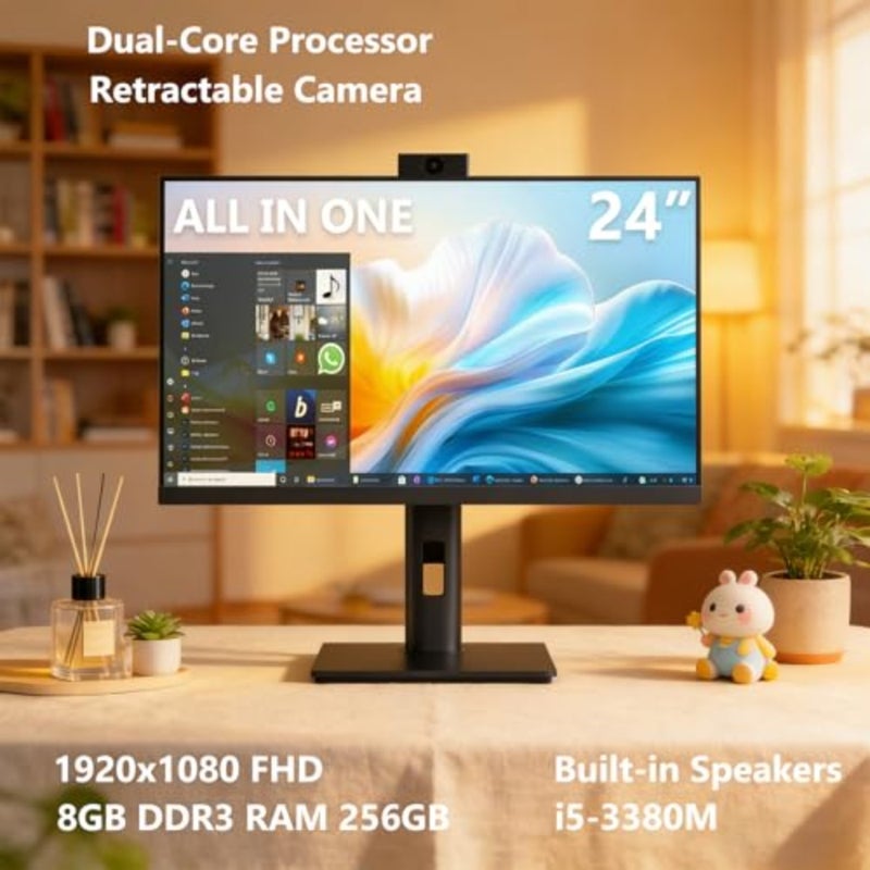 24 Inch All-in-One Computer Desktop PC, Dual-Core i5-3380M 3.6GHz, 8GB DDR3 RAM 256GB SSD 1920x1080 FHD Display, Win10, Retractable Hidden 5MP Camera Built-in Speakers, Ideal for Home and Office Black - Image 3