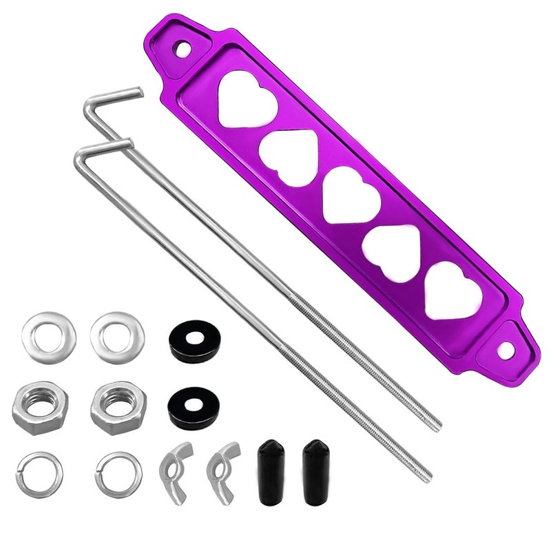 LHDOS Car Battery Hold Down Bracket Set Aluminium Alloy Car Battery Tray with Stainless Steel J Bolts Car Battery Tie Down Mount Bracket Universal Car Battery Lock Down Accessories Purple - Image 2