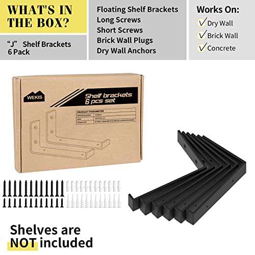 WEKIS 12 Inch Heavy Duty Floating Shelf Bracket, Wall Mounting Industrial Black Shelf Brackets, 1/5 Inch Thick Iron Metal Brackets for Shelves 6 Packs - Image 2