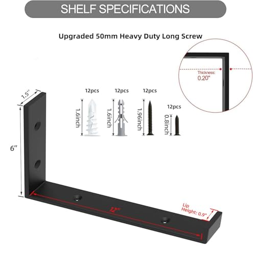 WEKIS 12 Inch Heavy Duty Floating Shelf Bracket, Wall Mounting Industrial Black Shelf Brackets, 1/5 Inch Thick Iron Metal Brackets for Shelves 6 Packs - Image 3