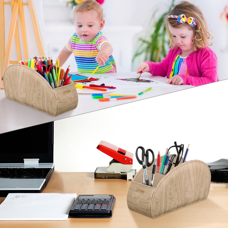 SITHON Remote Control Holder with 5 Compartments - PU Leather Remote Caddy Desktop Organizer Store TV, DVD, Blu-Ray, Media Player, Heater Controllers, Woodgrain Khaki - Image 4